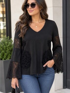 Desigual Black V-Neck Lace Bell Sleeve with Lace Top